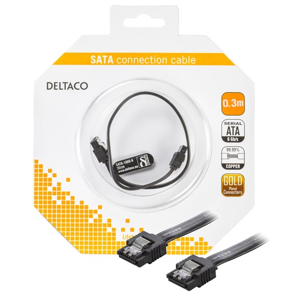 Deltaco SATA Cable, SATA-SATA, 6Gb/s, Locks, 0.3m, Black